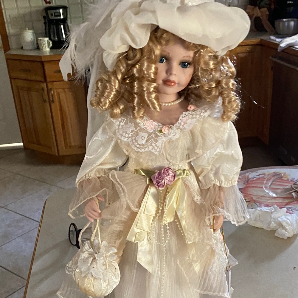 Elegant Cream and Gold Porcelain Doll with Pink Rose